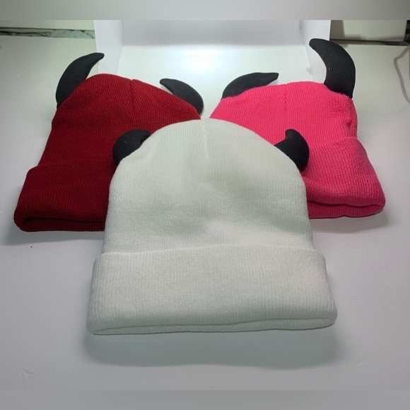 3 pack 1 red 1 pink 1 white knit beanie cap horns devil hat winter goth punk emo - Picture 12 of 12